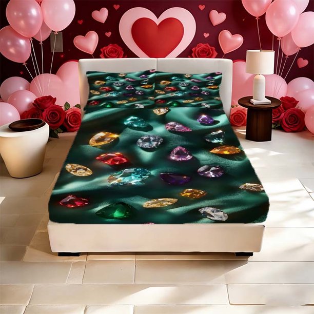 Colored Gem Display Printed Fitted Sheet Set 2 Pillowcases 1 Fitted Sheet Twin Bed Full Bed Queen Bed King Bed - Soft and Skin-Friendly Easy to Ca