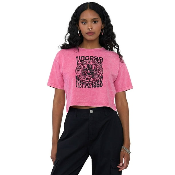 Polera Mujer Fun Manga Corta Crop Fucsia Corona