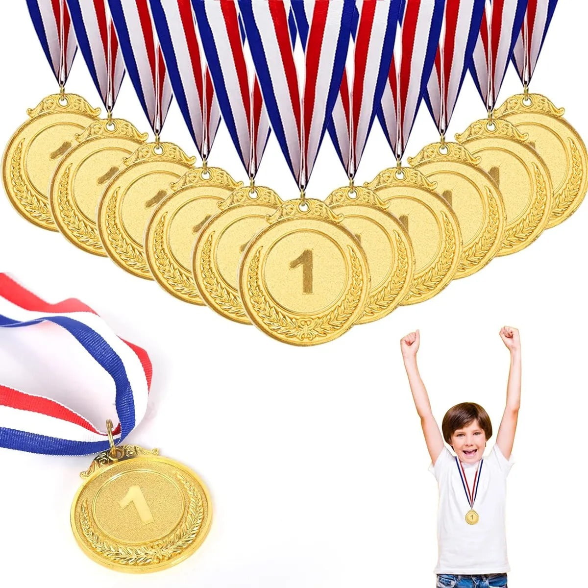 Genérica - 10pcs Medallas Deportiva Metálica Con Cinta Grabado 7cm Oro