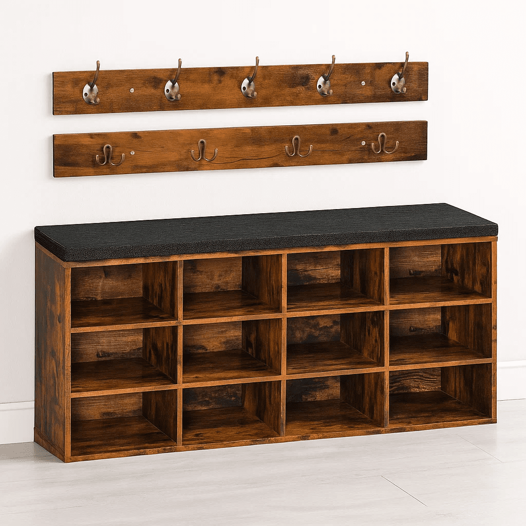 Klik Muebles - Banco Organizador Con Zapatero Y Percheros Rústicos