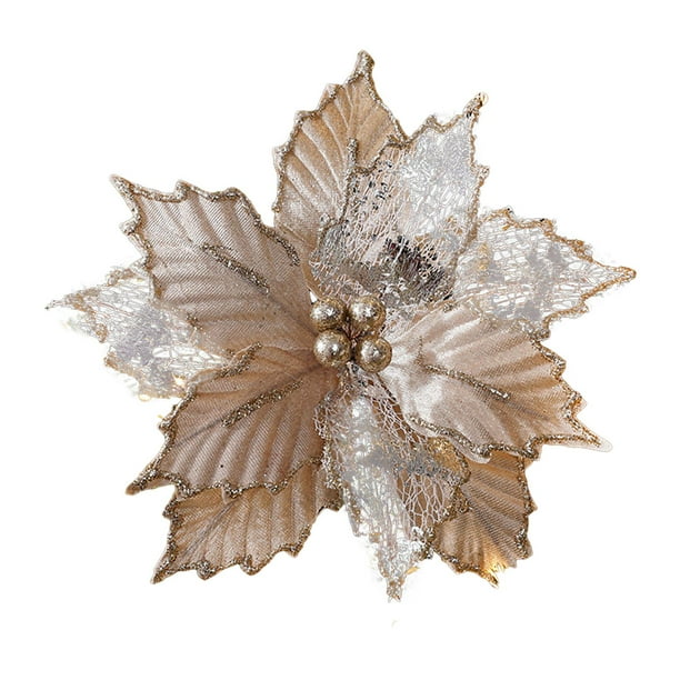 Adorno de de flores artificiales de Poinsettia de Navidad con tallo, flor de Navidad simulada para decoración de vacaciones de boda de año Nuevo champán