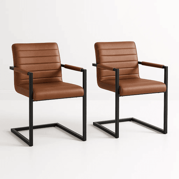Klik Muebles - Pack De 2 Sillas Industriales De Cuero Sintético Marrón Con Base Metálica – Café
