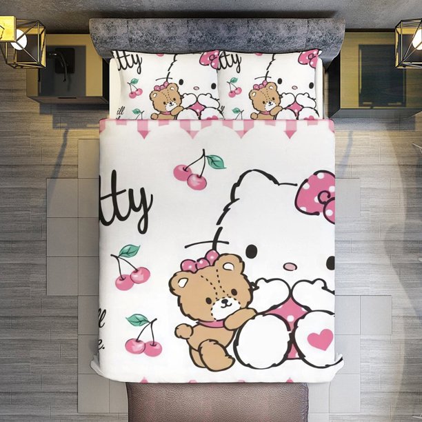 Hello Kitty Will Make You Smile 3 Pieces Duvet Cover Set Full Size Super Soft Fade Resistant Microfiber