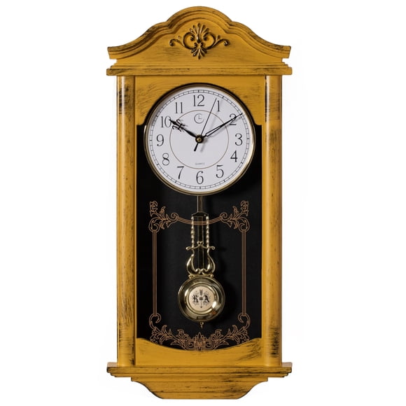 Reloj de pared vintage estilo abuelo grande con aspecto de madera y péndulo de plástico para sala, cocina o comedor, grande blanco (amarillo)
