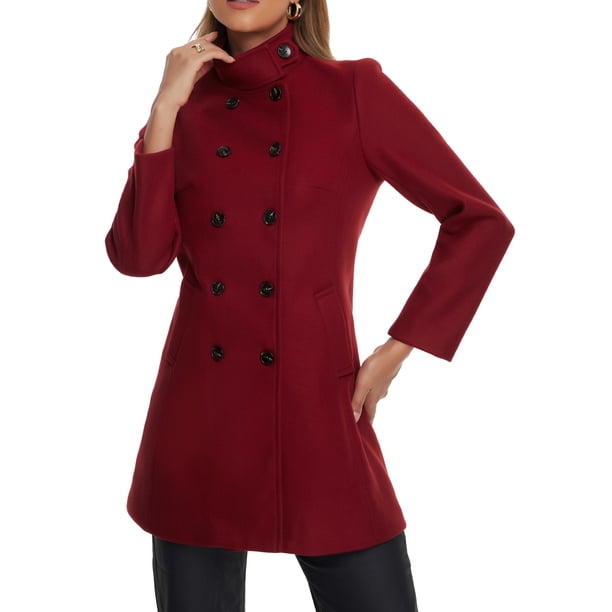 INSPIRE CHIC Abrigo de Mujer de Doble Botonadura con Cuello Alto, Manga Larga, Largo Midi, Color Burdeos, Talla XL