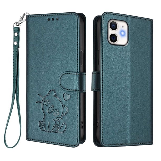 iPhone 12/12 Pro Funda Billetera con Estampado de Gato, Verde Oscuro
