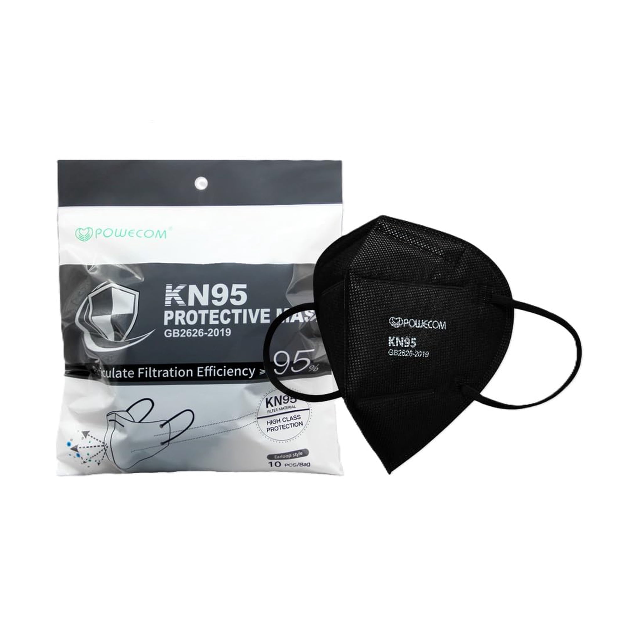 Mascarilla Respiratoria Kn95 Powecom Negra, Paquete De 10