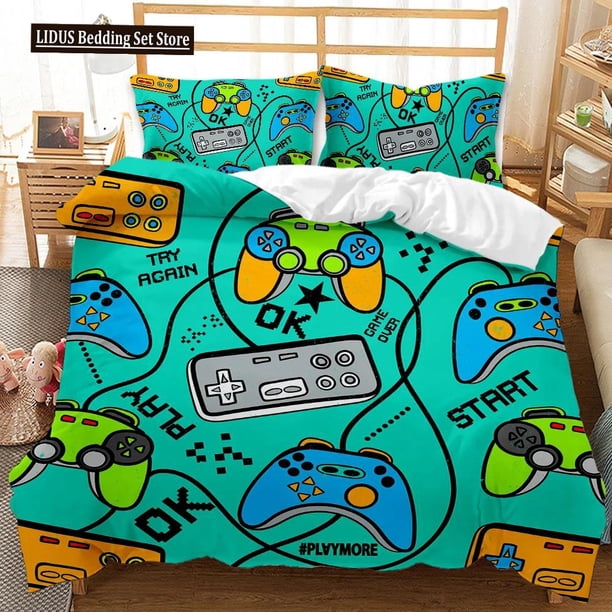 v1323 Bed Sheets Gaming Duvet Cover Set Gamepad Headset Gaming Theme Bedding Set For Boy Teens Bedclothes Double Queen King Polyester Qulit Cover 3-Piece Bedding Set (1 Duvet Cover + 2 Pillow Shams) B