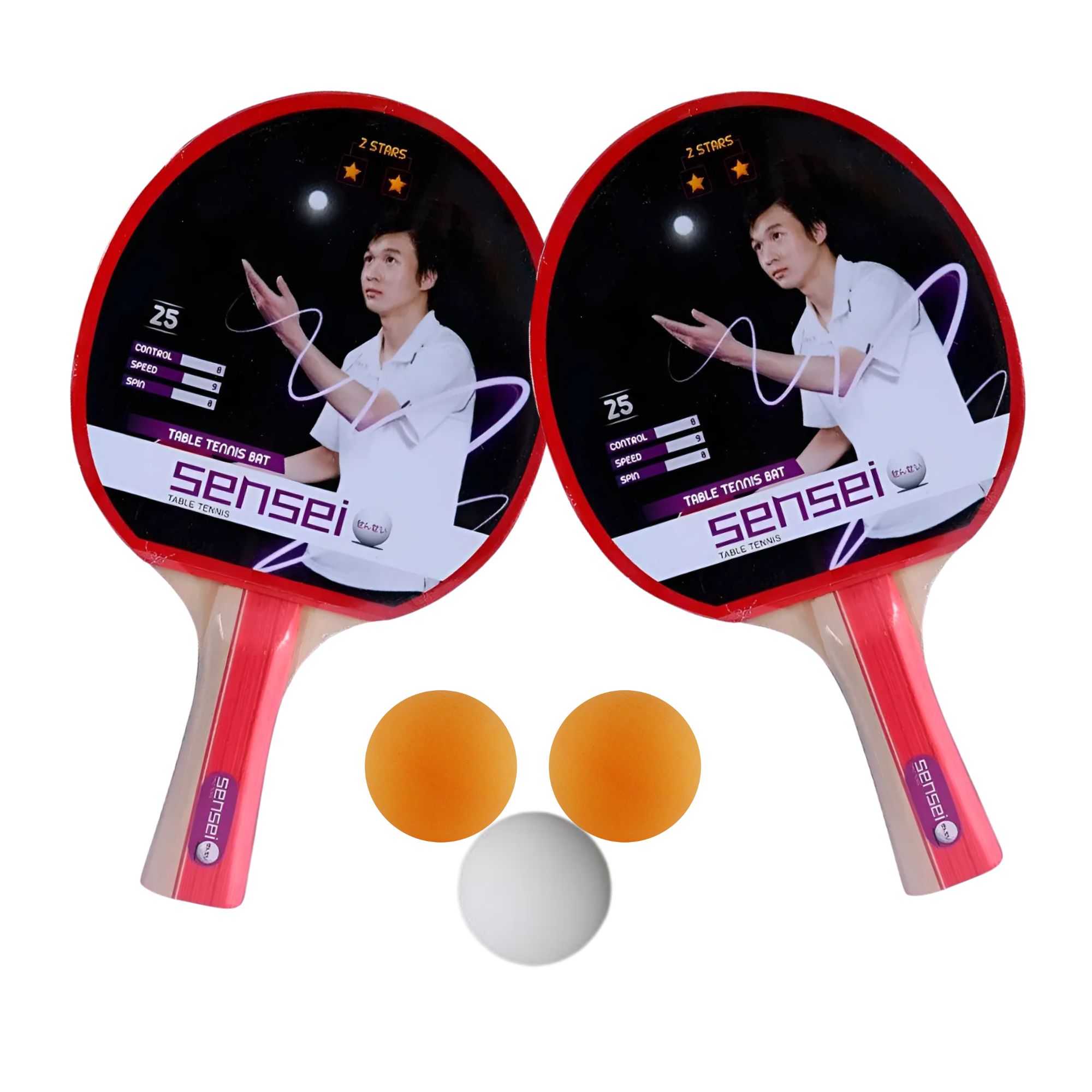 Set Ping Pong Sensei 2 Paletas + 3 Pelotas - 2* Goma Lisa