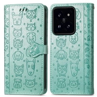 Funda Cartera Foxdock Para Xiaomi 14T , Flip Pu Con Relieve De Gatos Y Perros, Tarjetero Y Soporte