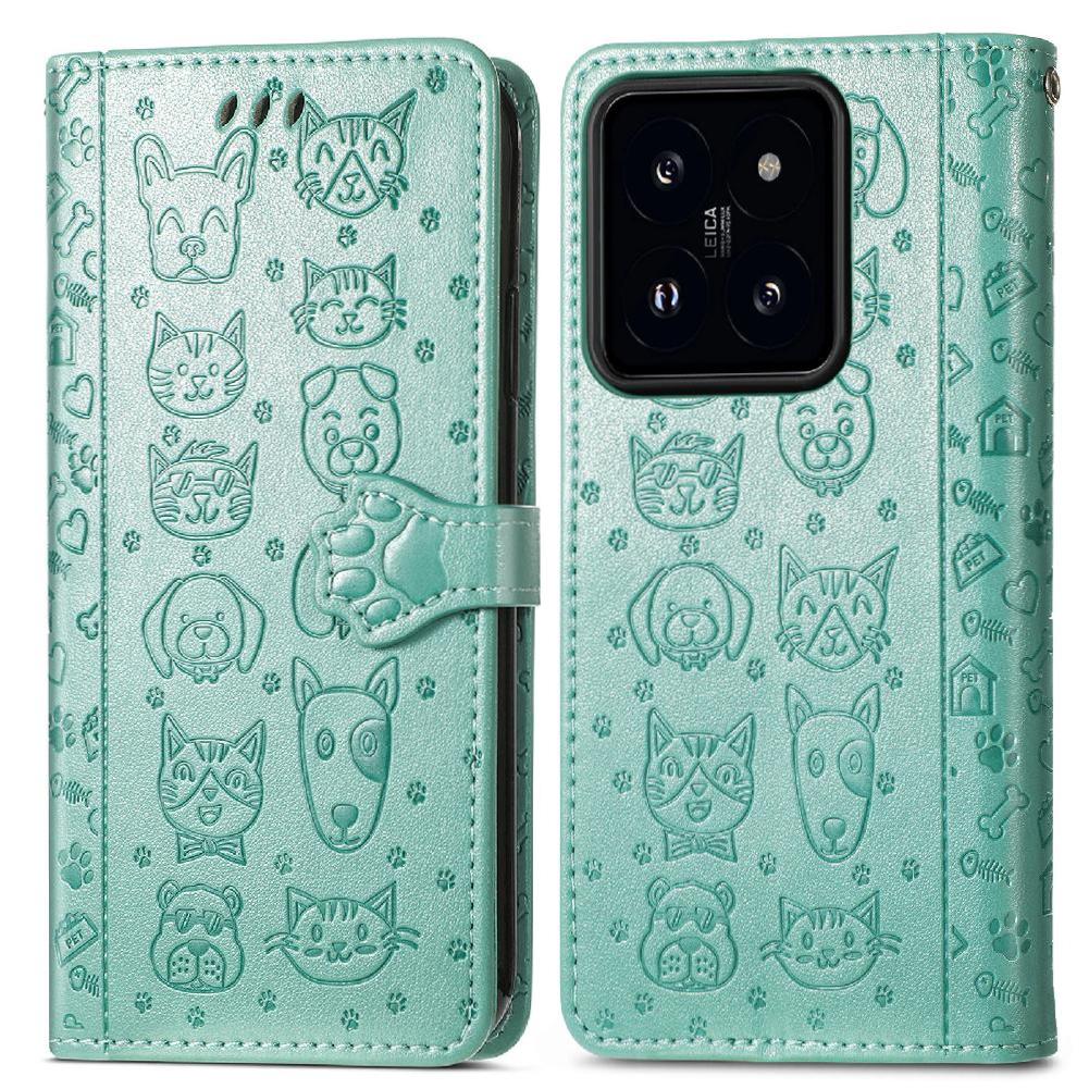Funda Cartera Foxdock Para Xiaomi 14T , Flip Pu Con Relieve De Gatos Y Perros, Tarjetero Y Soporte