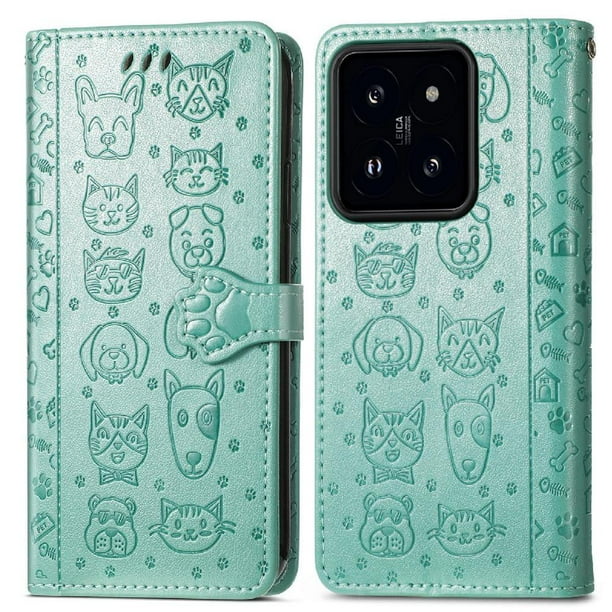 Funda Cartera FOXDOCK para Xiaomi 14T , Flip PU con Relieve de Gatos y Perros, Tarjetero y Soporte