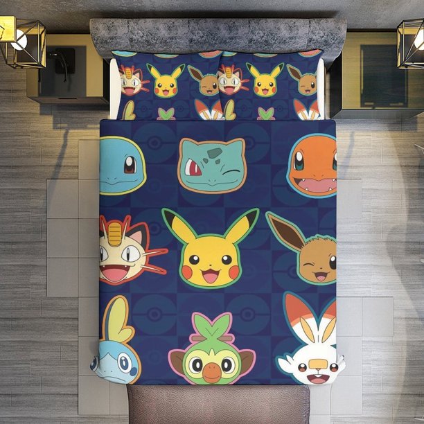Pikachu 3 Piece Sets Full/Queen Size - Reversible Microfiber Quilts with Shams Soft Lightweight Bedspread Coverlet Comforter for All Season Bed Sheets