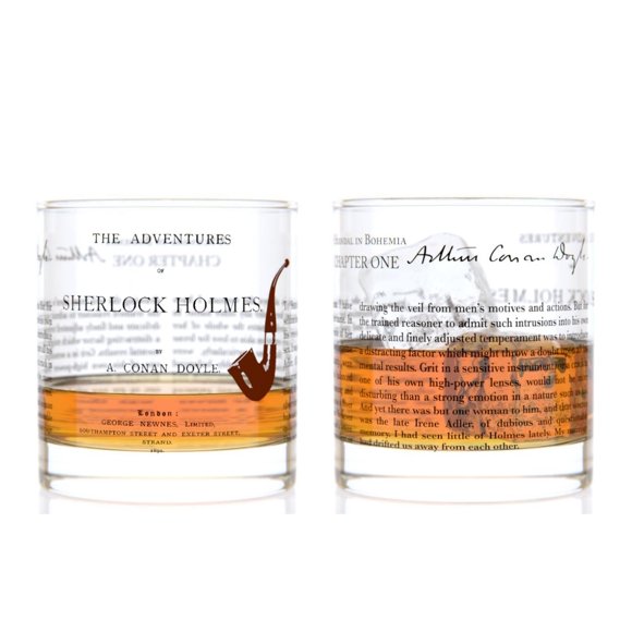 Juego de 2 vasos rocks clásicos de literatura Well Told – “Las aventuras de Sherlock Holmes” de Arthur Conan Doyle - vaso old fashioned para whisky, regalo para amantes de los libros (11 oz)