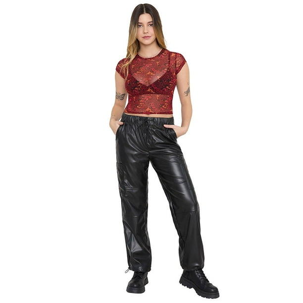 Pantalón Mujer Jogger Cargo Ecocuero Negro Corona