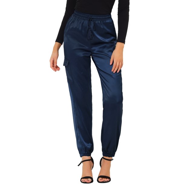 INSPIRE CHIC Pantalones Casuales de Satén Cargo Joggers de Cintura Alta con Cintura Elástica para Mujer Regreso a Clases L Azul Real
