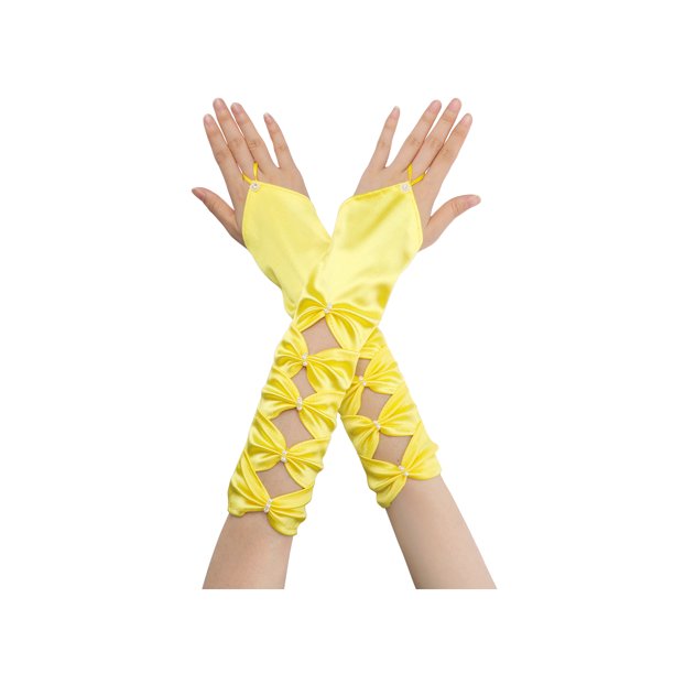 INSPIRE CHIC Guantes sin dedos para mujer Calentadores de brazo de satén con cuentas de lazo calado y bucle para el dedo Amarillo Talla única