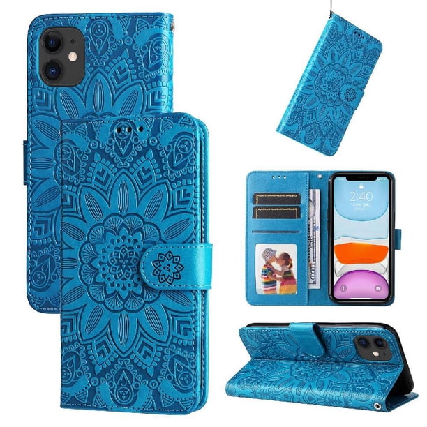 Funda tipo cartera FOXDOCK para iPhone 11 , diseño girasol en relieve, cuero PU, cierre magnético, soporte y tarjetero