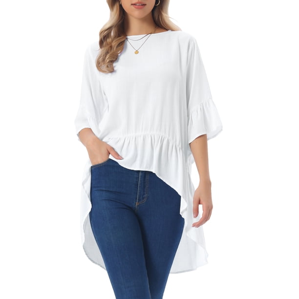 INSPIRE CHIC Blusa Asimétrica de Mujer con Mangas de Campana 3/4, Cuello Redondo, Espalda con Abertura, Dobladillo con Volantes, Casual, Talla S, Blanca