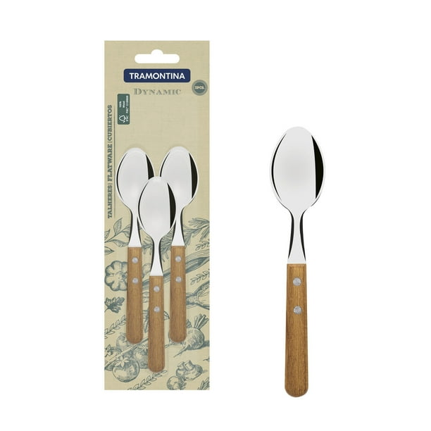 Juego de Cucharas para Té Tramontina Dynamic con Láminas en Acero Inoxidable y Mangos de Madera Natural 03 Piezas