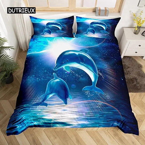 x54 Bed SheetsDolphin Seaworld Duvet Cover Microfiber Sea Turtle Underwater World Gray Dolphin Ocean Blue for Decoration Kid Boys Girls Adults 3-Piece Bedding Set (1 Duvet Cover + 2 Pillow Shams) nj54