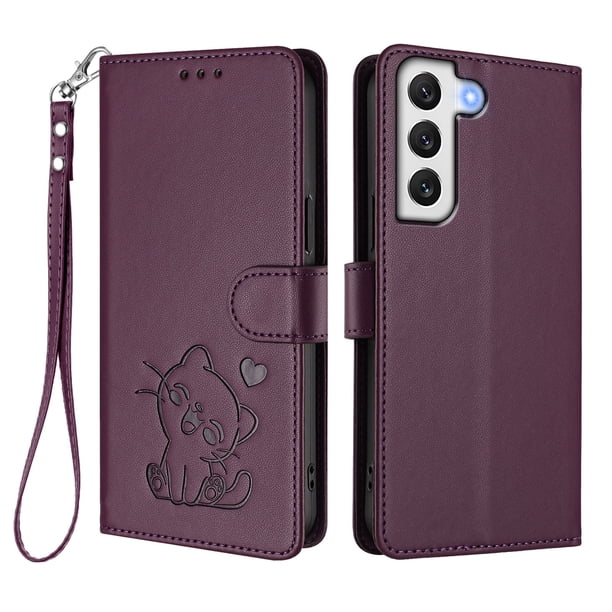 Funda Billetera con Relieve de Gato para Samsung Galaxy S22 5G, Morado Oscuro