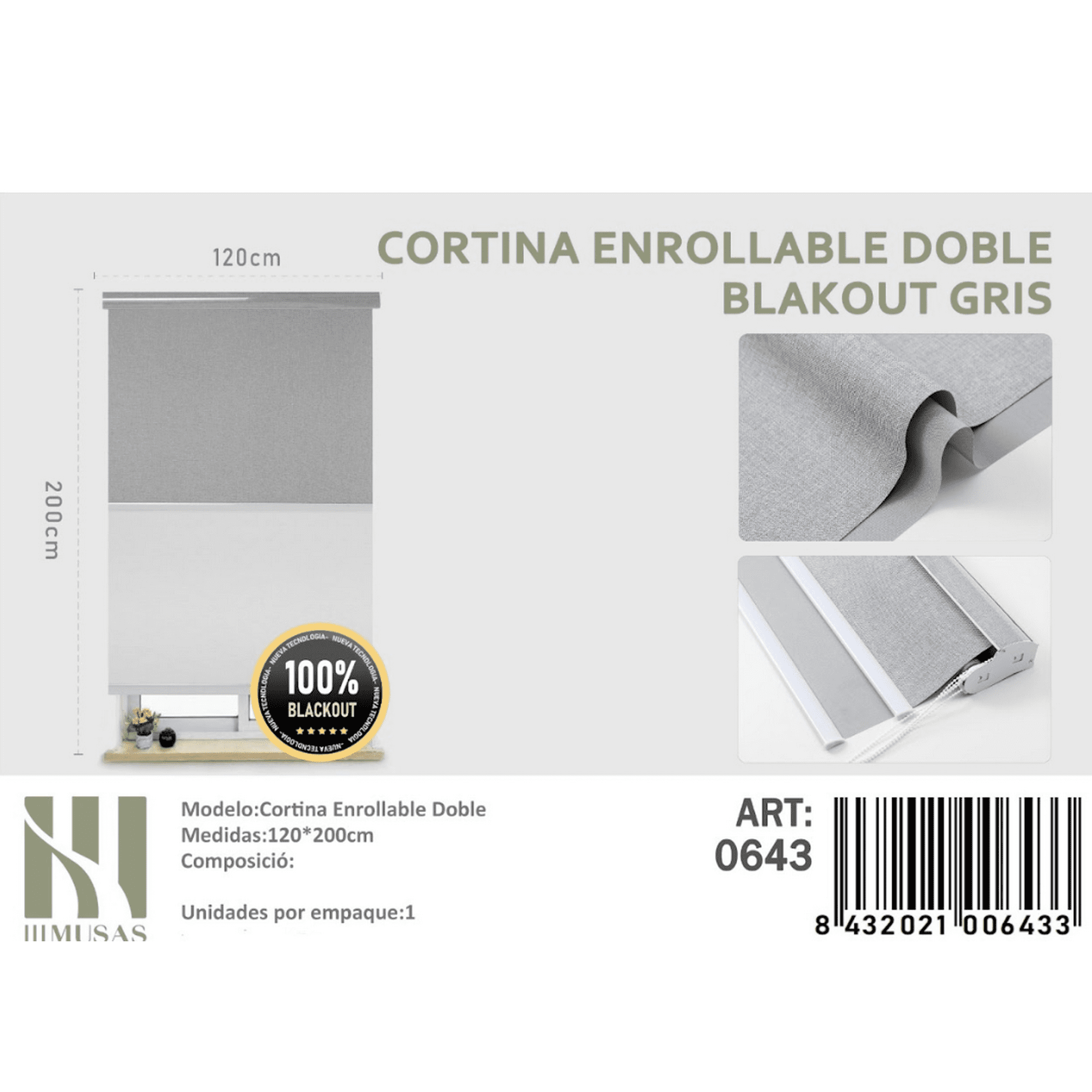 Mundo Shopping - Cortina Enrollable Doble Blackout Gris Jaspeado 120x200cm