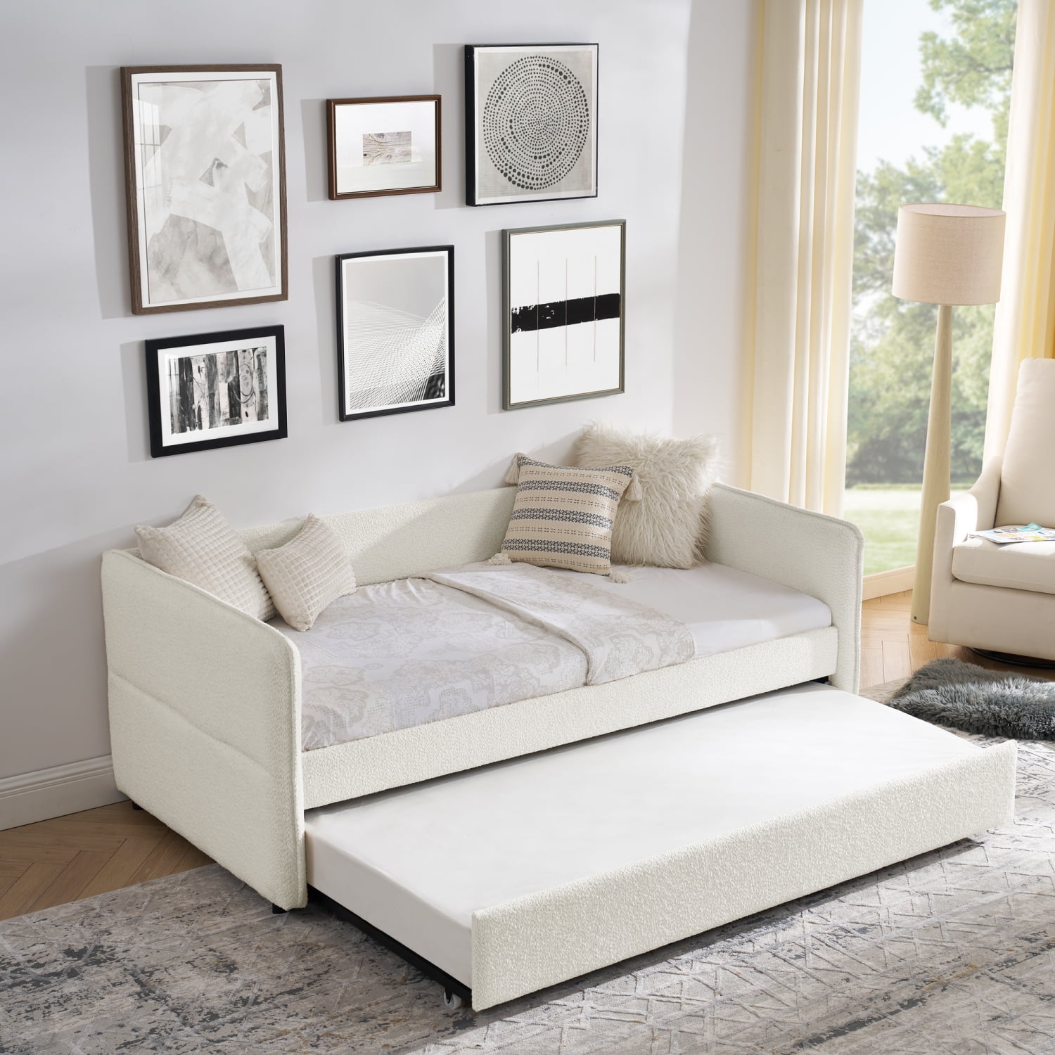 M&ms - Daybed With Trundle Upholstered Tufted Sofa Bed, Twin Size, Boucle Fabric, Beige (83"x43"x29.5")