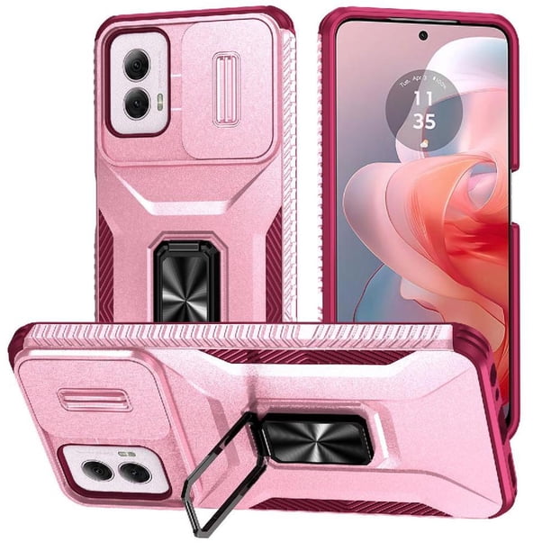 Funda Armada para Motorola Moto G Power 2024 con Tapa Deslizante y Soporte Magnético Giratorio Rosa
