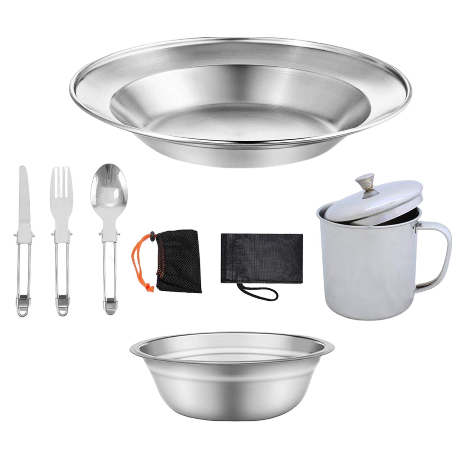 Ioensy - Juego De Cubiertos Portátil Para Acampar Placa De Acero Inoxidable 18 Cm, Taza De 300 Ml Reutilizable