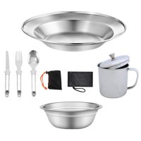 Ioensy - Juego De Cubiertos Portátil Para Acampar Placa De Acero Inoxidable 18 Cm, Taza De 300 Ml Reutilizable