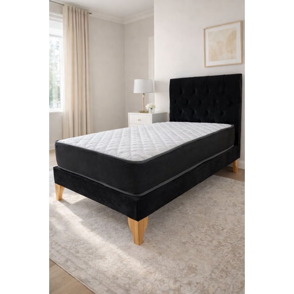 Cama Europea Plaza y Media Capitoné Negra Felpa Premium con Colchón | Base Dividida y Respaldo Alto