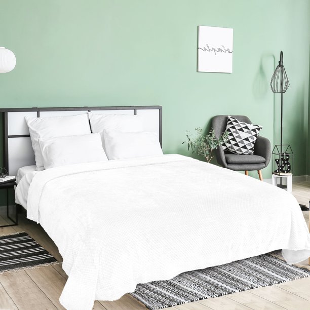 PiccoCasa Manta de Cama de Lujo de Forro Polar Tejido de Malla Full-XL Blanco