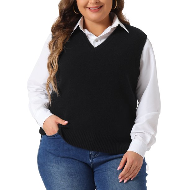 Agnes Orinda Chaleco de Suéter Talla Grande para Mujeres Cuello en V Chalecos de Punto Sólidos Clásicos Sin Mangas Suéteres Tops 3X Negro