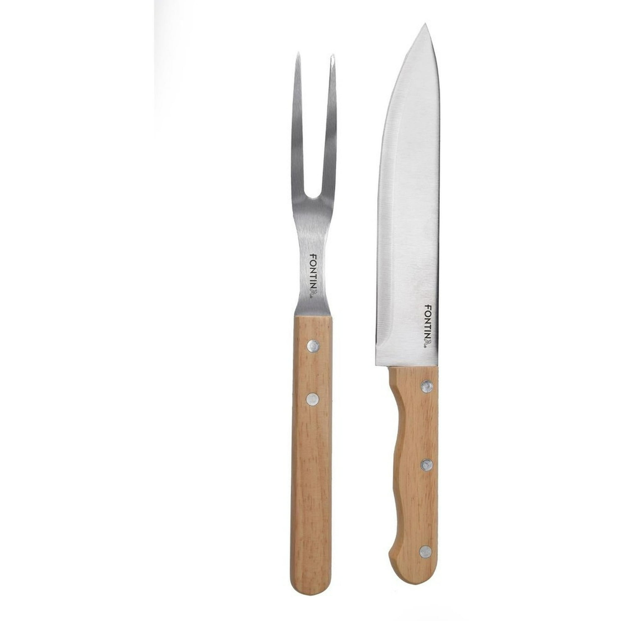 Set Parrillero Cuchillo Tenazas Fontina Acero Mango Madera