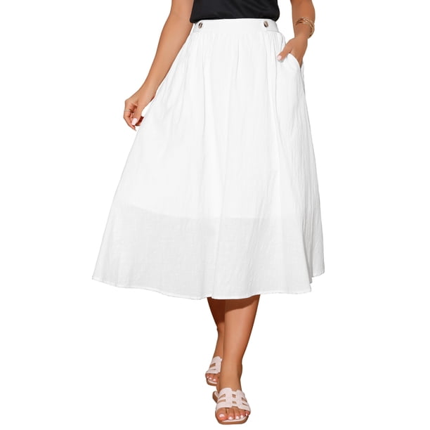 INSPIRE CHIC Falda Midi Acampanada con Cintura Elástica y Bolsillos para Mujer L Blanca