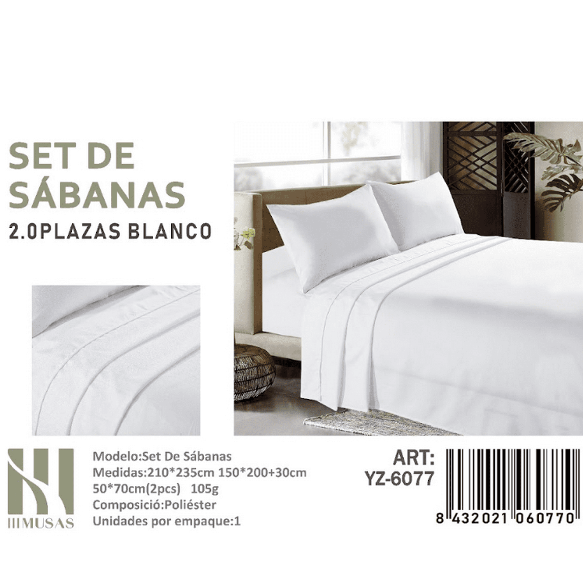 Mundo Shopping - Set De Sabanas 2 Plazas Color Blanco 200 Hilos + 2 Funda De Almohad