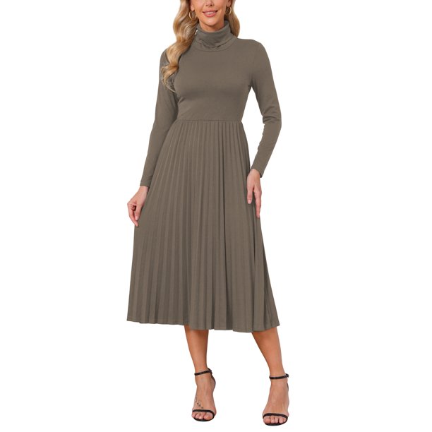INSPIRE CHIC Vestido de Punto Plisado para Mujer de Manga Larga Cuello Alto Casual de Negocios Suéter Vestido Línea A Midi Conjuntos de Otoño Invierno XL Café Claro