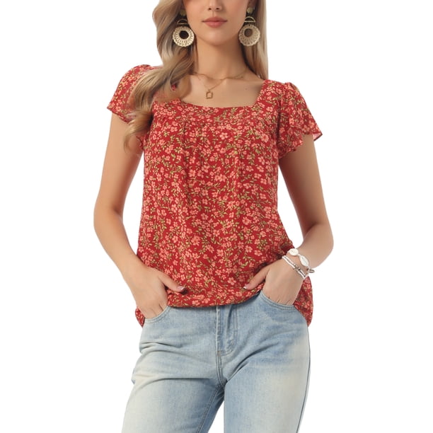 INSPIRE CHIC Blusa Floral de Mujer para el Día de San Valentín, Cuello Cuadrado Casual de Verano, Camisa de Chifón con Volantes y Manga Corta S Roja
