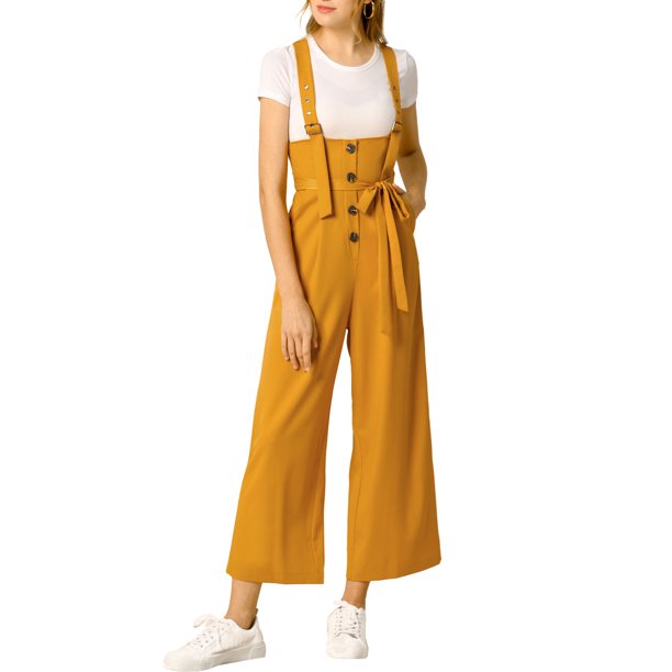 INSPIRE CHIC Mono Enterizo de Mujer con Botones al Frente, Cintura Alta, Cinturón y Corte Recto S Amarillo