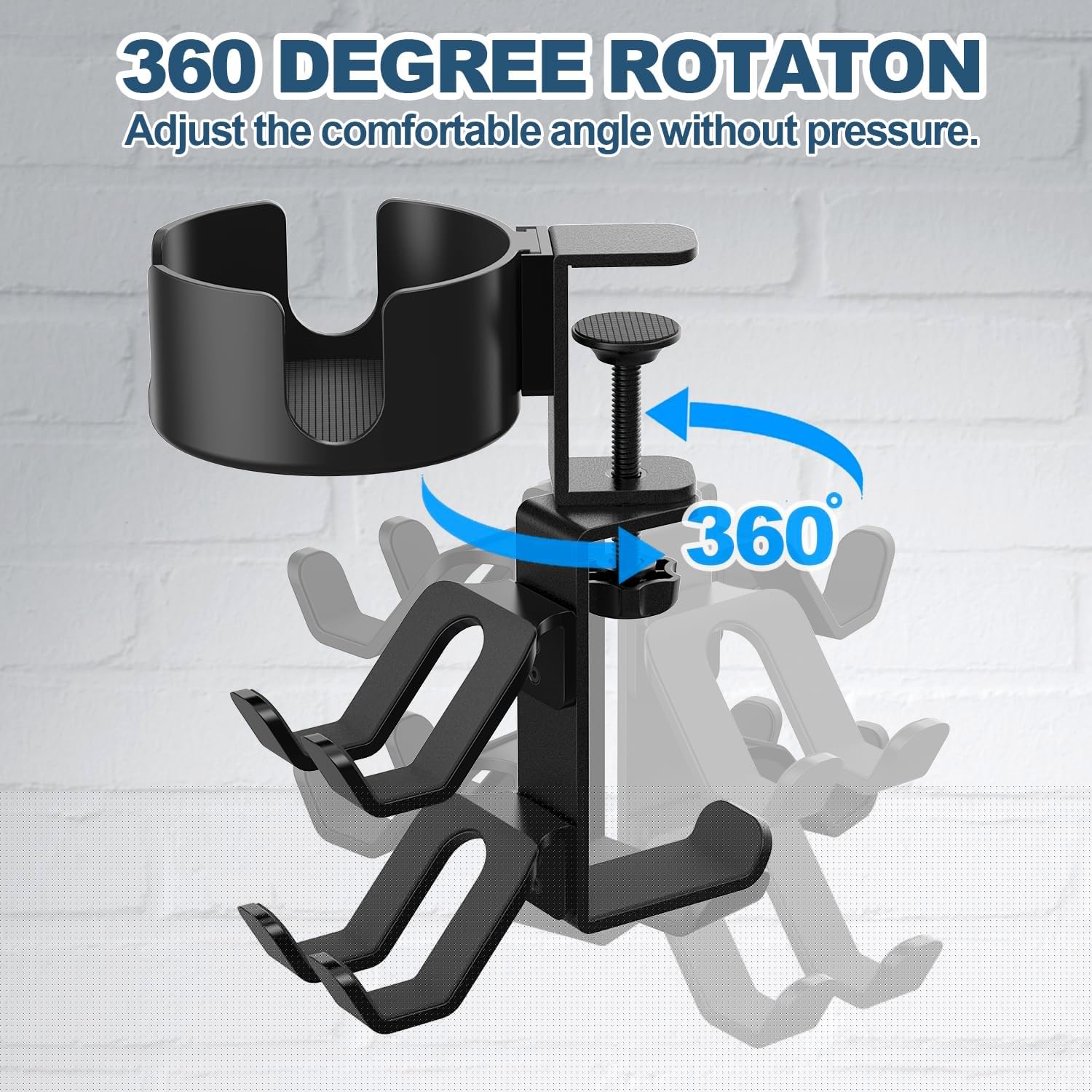 thumbnail image 2 of 4 en 1 organizador de escritorio para juegos con soporte para tazas, colgador para auriculares y soporte para mandos abrazadera ajustable y giratoria para tazas de café-Negro, 2 of 7