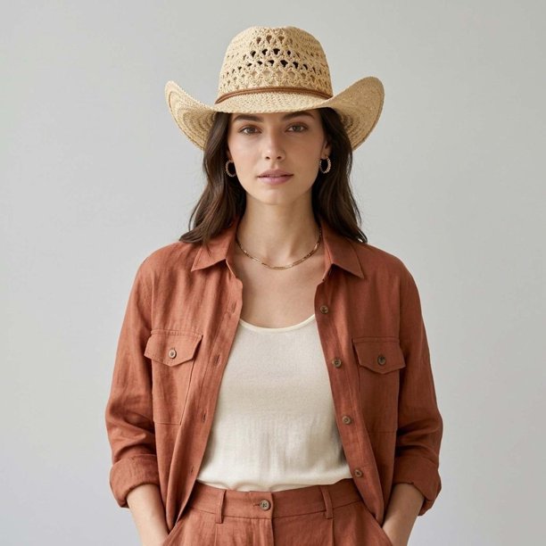 Sombrero Vaquero Tejido Estilo Cowboy Playa, Festival, Moda beige Talla Única