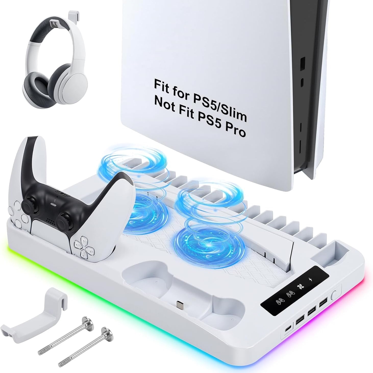 Estación De Enfriamiento Aaronmei Para Ps5 Y Ps5 Slim Con Cargador Dual Y Soporte Vertical Blanco