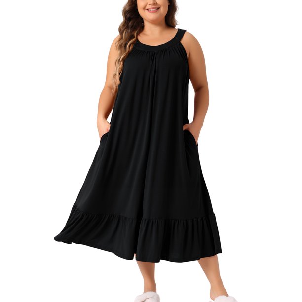 Agnes Orinda Women's Plus Size School College Camisón sin mangas con tirantes anchos y pliegues, camisón de dormir 1X Negro