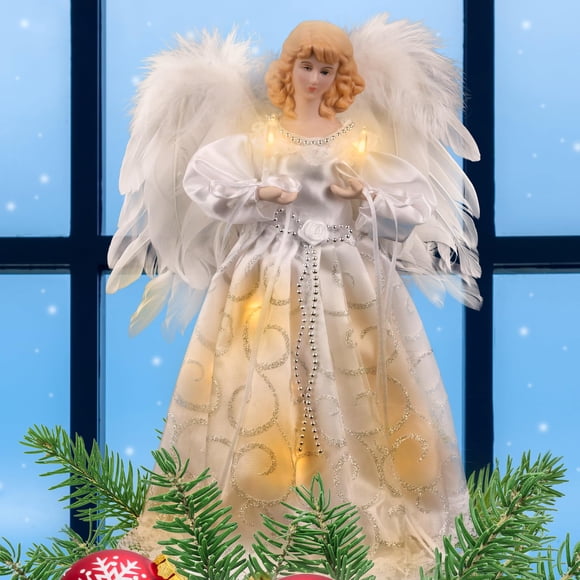 Decoración para árbol de Navidad Rcrirth, diseño de ángel blanco con luces, 32 cm