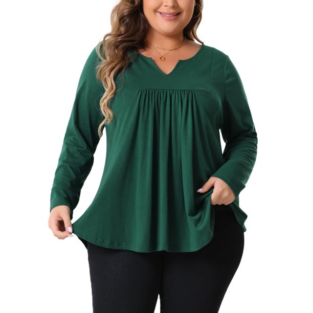 Agnes Orinda Blusas de Mujer Tallas Grandes Camisetas de Manga Larga con Cuello Entallado y Pliegues al Frente 4X Verde Oscuro