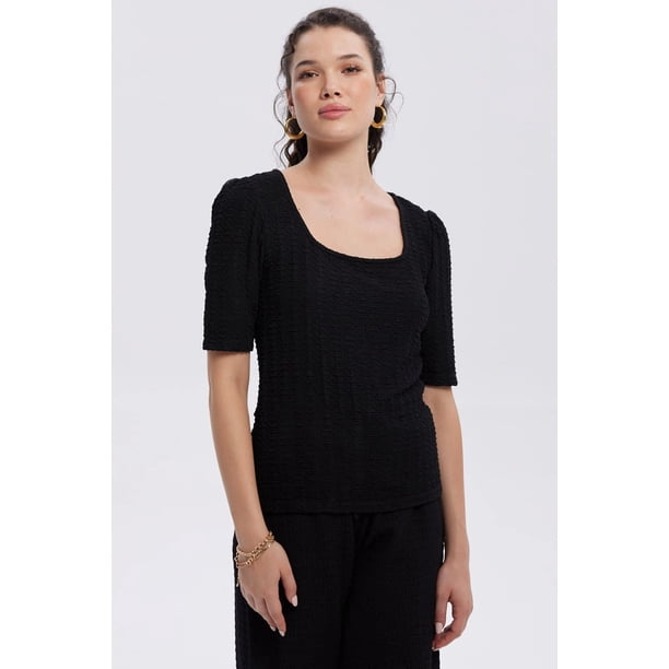 Polera Mujer Manga Globo Texturizada Negro