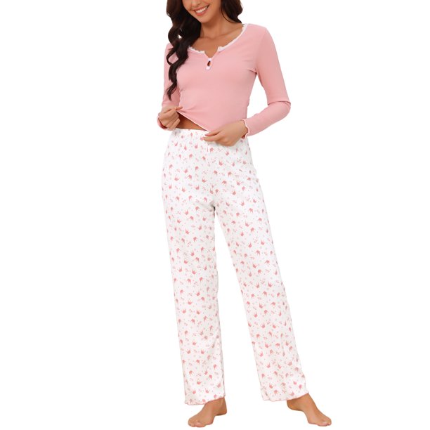 Conjunto de Pijama de 2 Piezas para Mujer INSPIRE CHIC con Ribete de Encaje, Manga Larga, Estampado de Corona, Acanalado, Ropa de Dormir con Volante en el Dobladillo L rosa