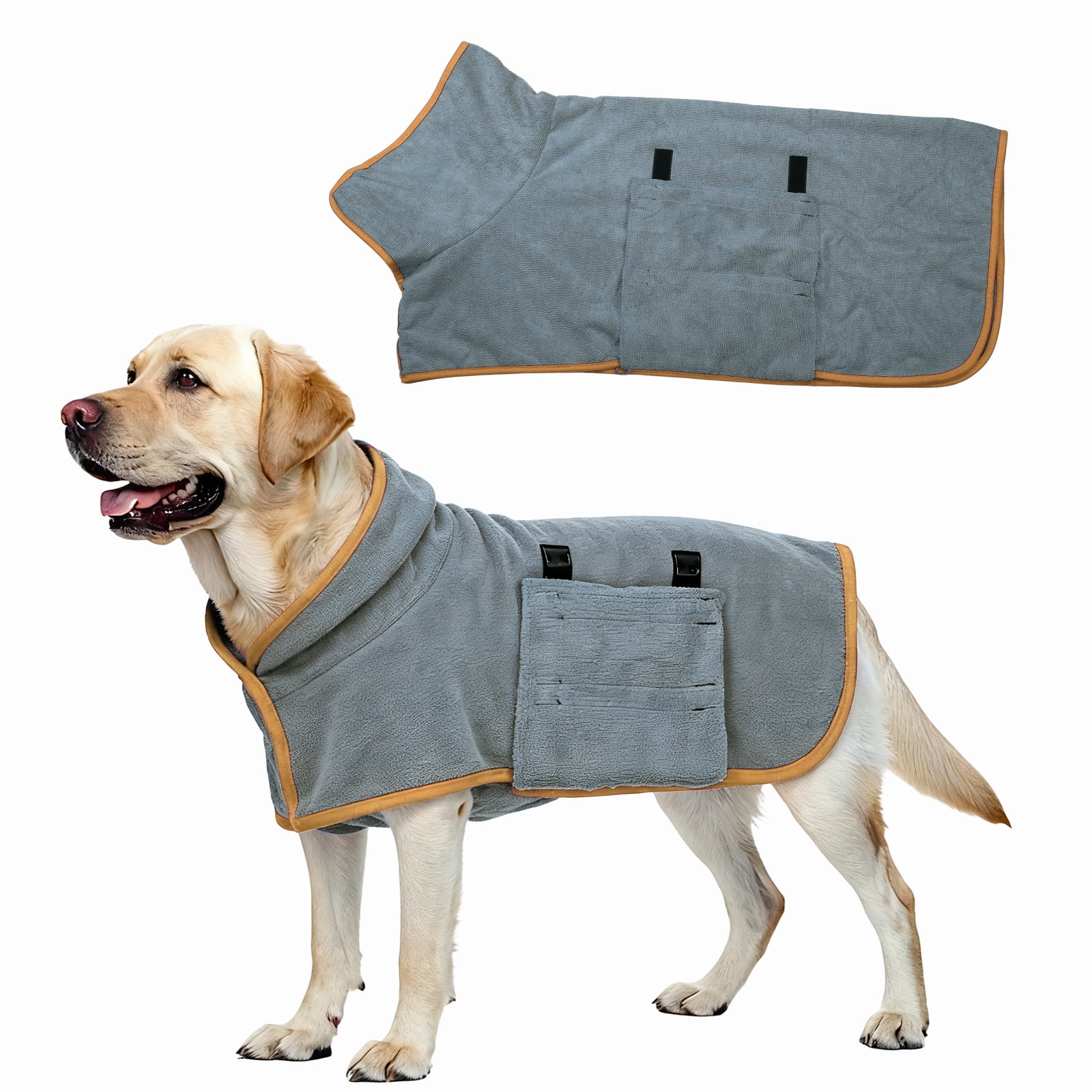 Uxcell Abrigo de Secado para Perros, Batas para Perros para Después del Baño, Bata de Baño Súper Absorbente Toalla Suave Ajustable, (L, Gris y Ribete Naranja), Para Secado Rápido y Calor para Mascotas