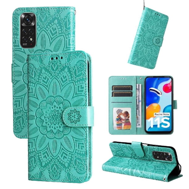 Funda tipo cartera FOXDOCK para Xiaomi Redmi Note 11 4G , diseño girasol en relieve, cuero PU, cierre magnético, soporte y tarjetero